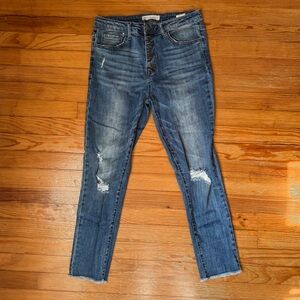 Women’s TNR Jeans High-waisted Button Up Distressed Raw Hem Skinny Blue Jeans